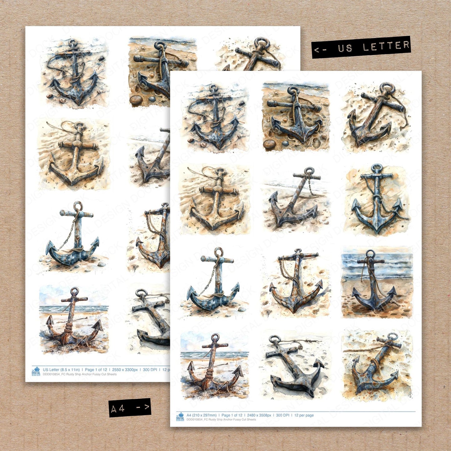 A4 and US Letter format comparison showing Rusty Ship Anchor fussy cut pages for print and cut crafting