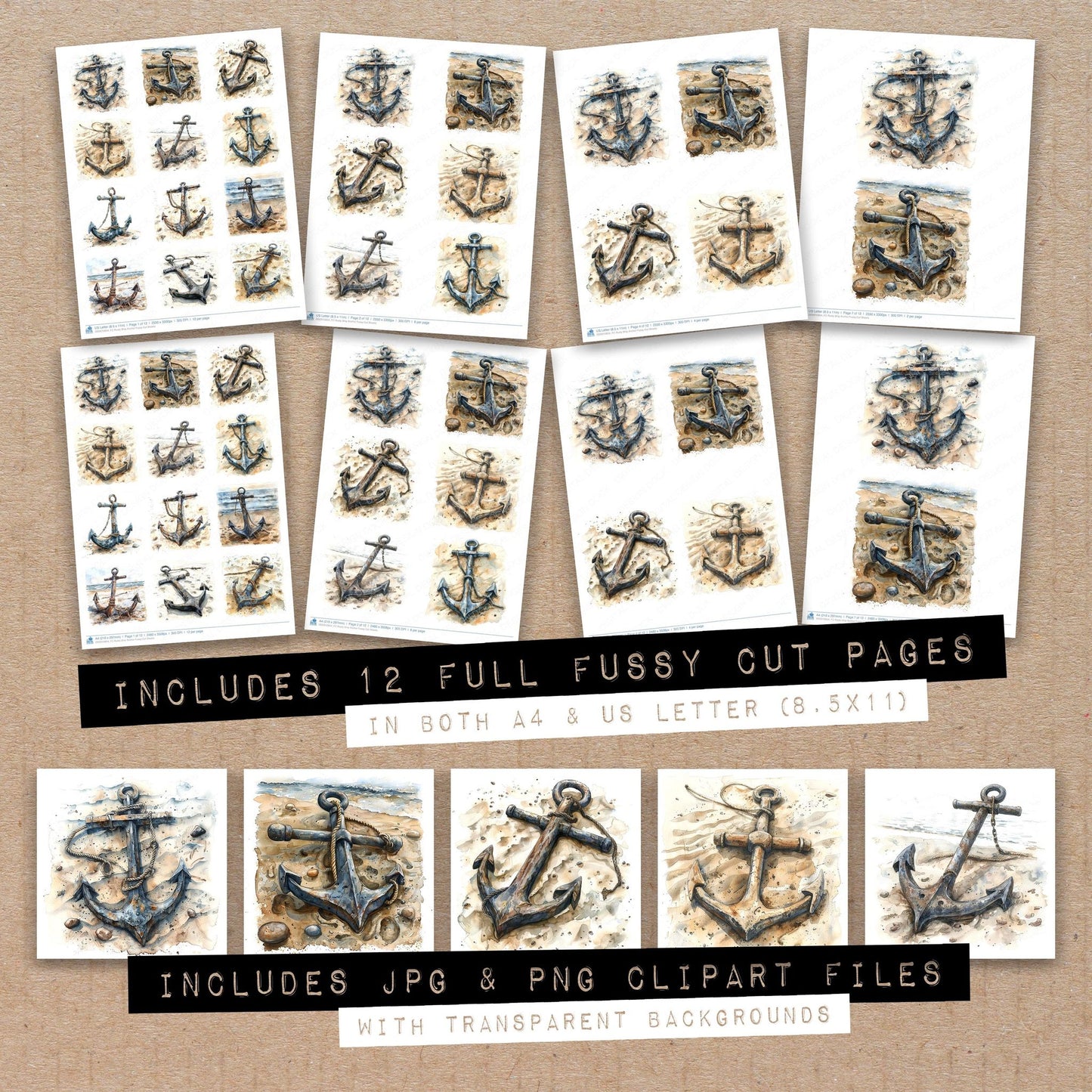 Full collection view of Rusty Ship Anchor fussy cut sheets with bonus clipart JPG and PNG files