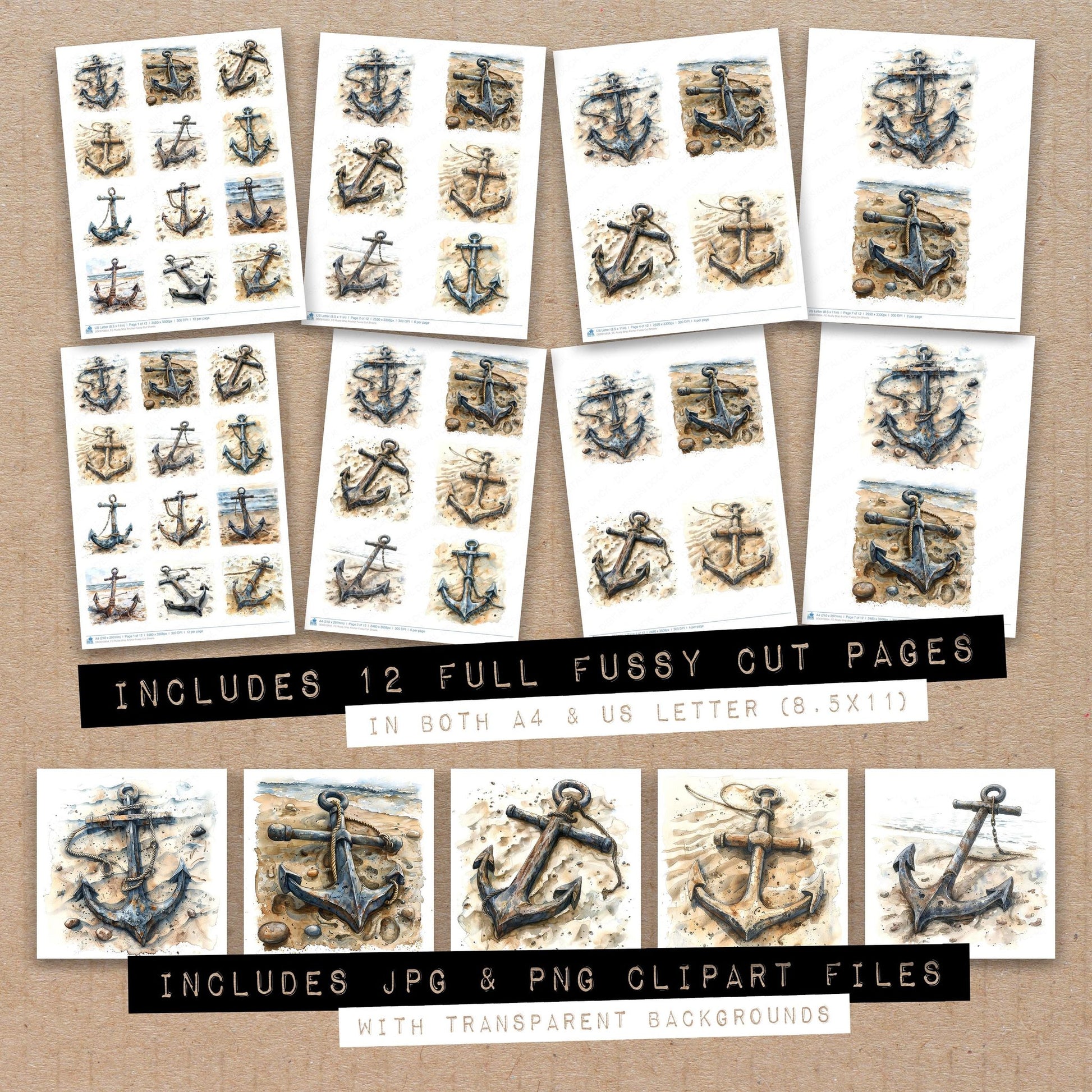 Full collection view of Rusty Ship Anchor fussy cut sheets with bonus clipart JPG and PNG files