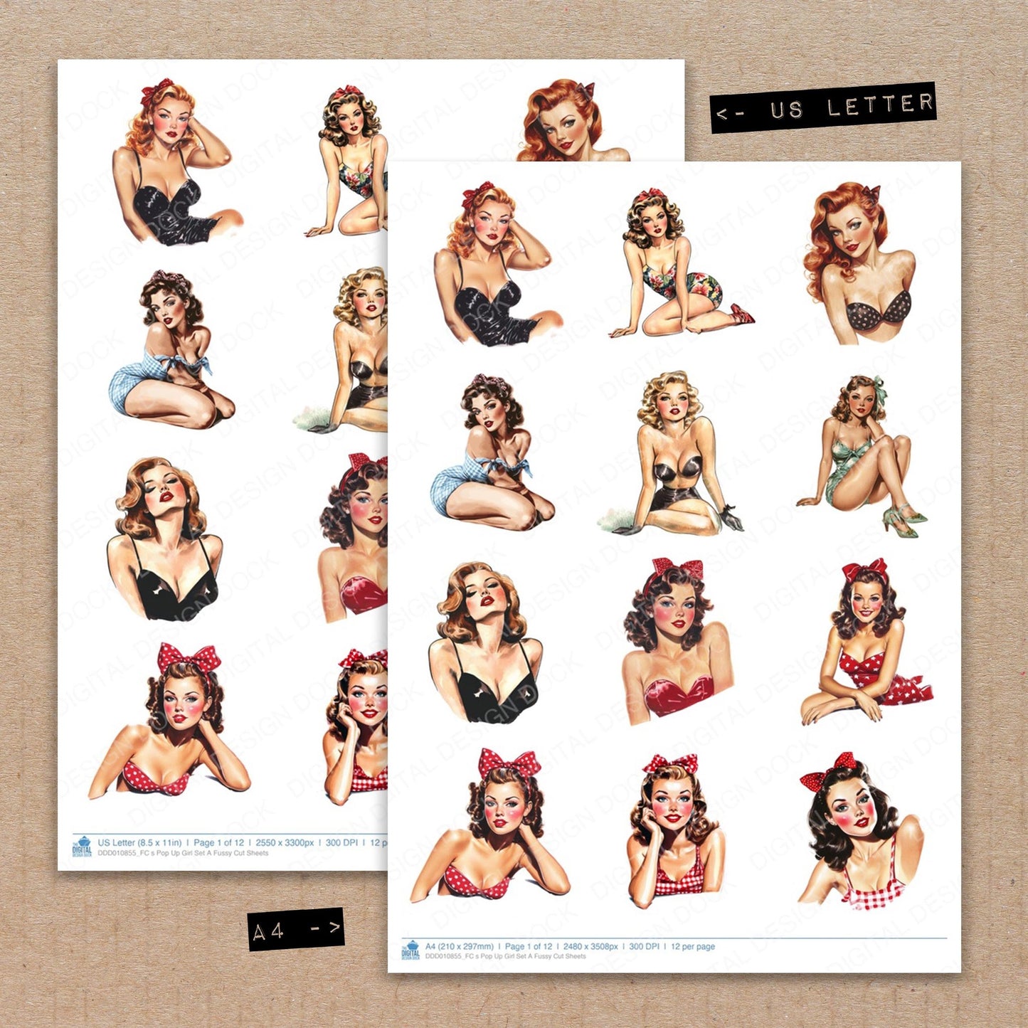 A4 and US Letter format comparison showing S Pop Up Girl A fussy cut pages for print and cut crafting