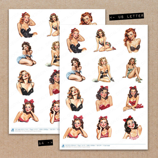 A4 and US Letter format comparison showing S Pop Up Girl A fussy cut pages for print and cut crafting