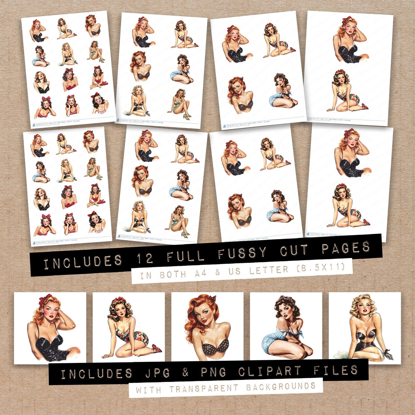 Full collection view of S Pop Up Girl A fussy cut sheets with bonus clipart JPG and PNG files