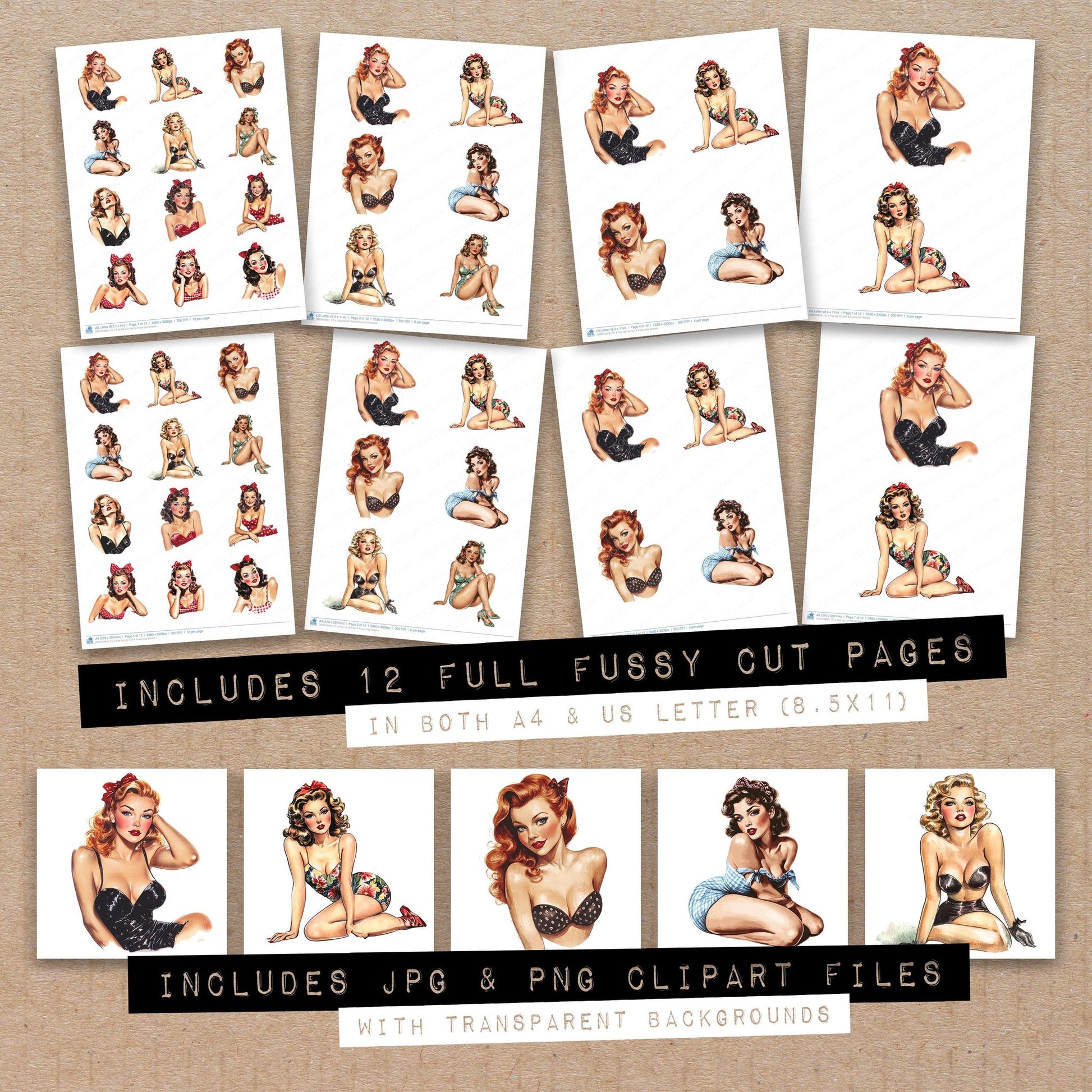 Full collection view of S Pop Up Girl A fussy cut sheets with bonus clipart JPG and PNG files