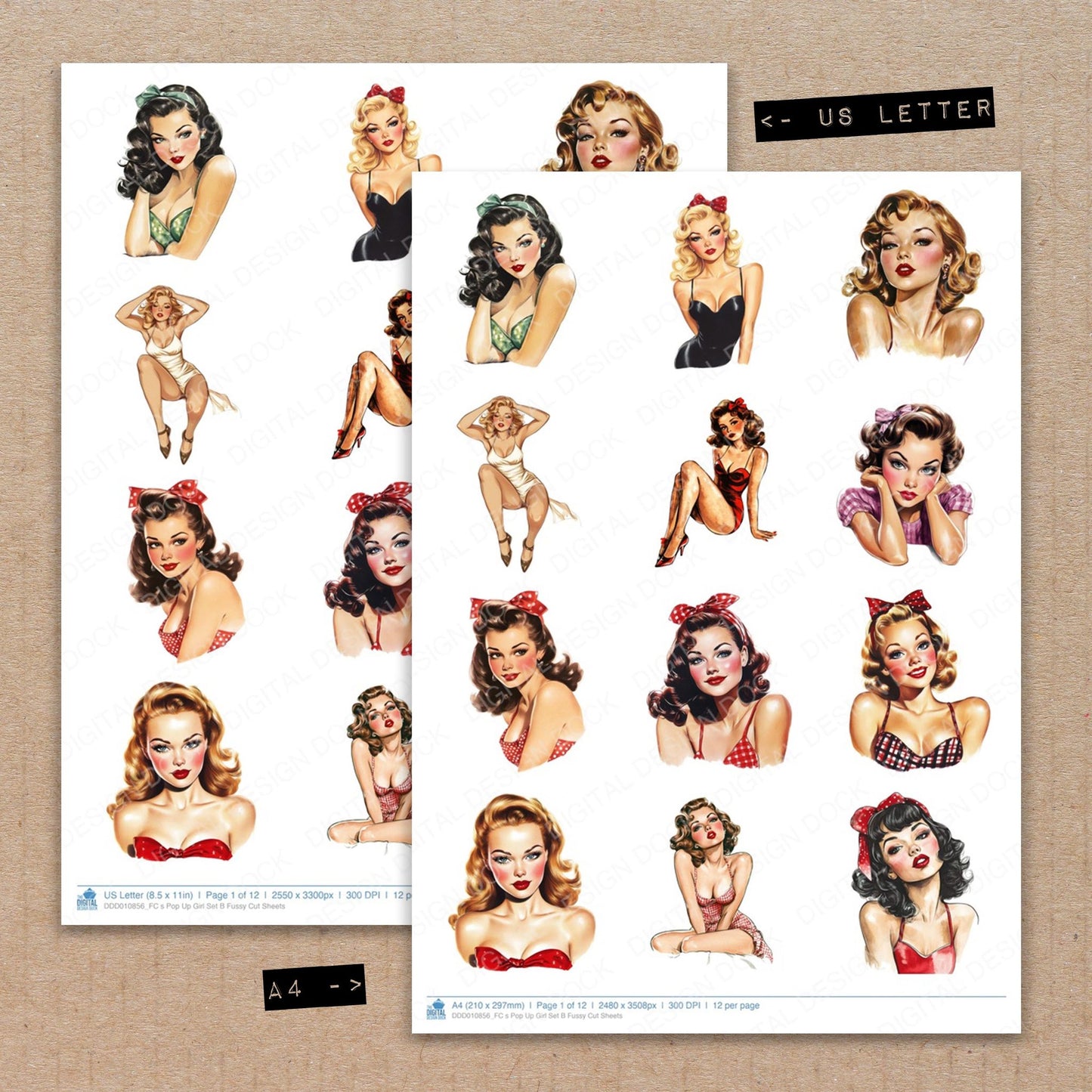A4 and US Letter format comparison showing S Pop Up Girl B fussy cut pages for print and cut crafting