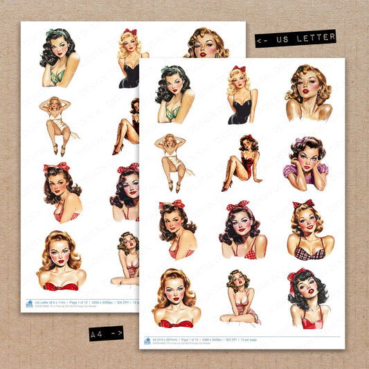 A4 and US Letter format comparison showing S Pop Up Girl B fussy cut pages for print and cut crafting