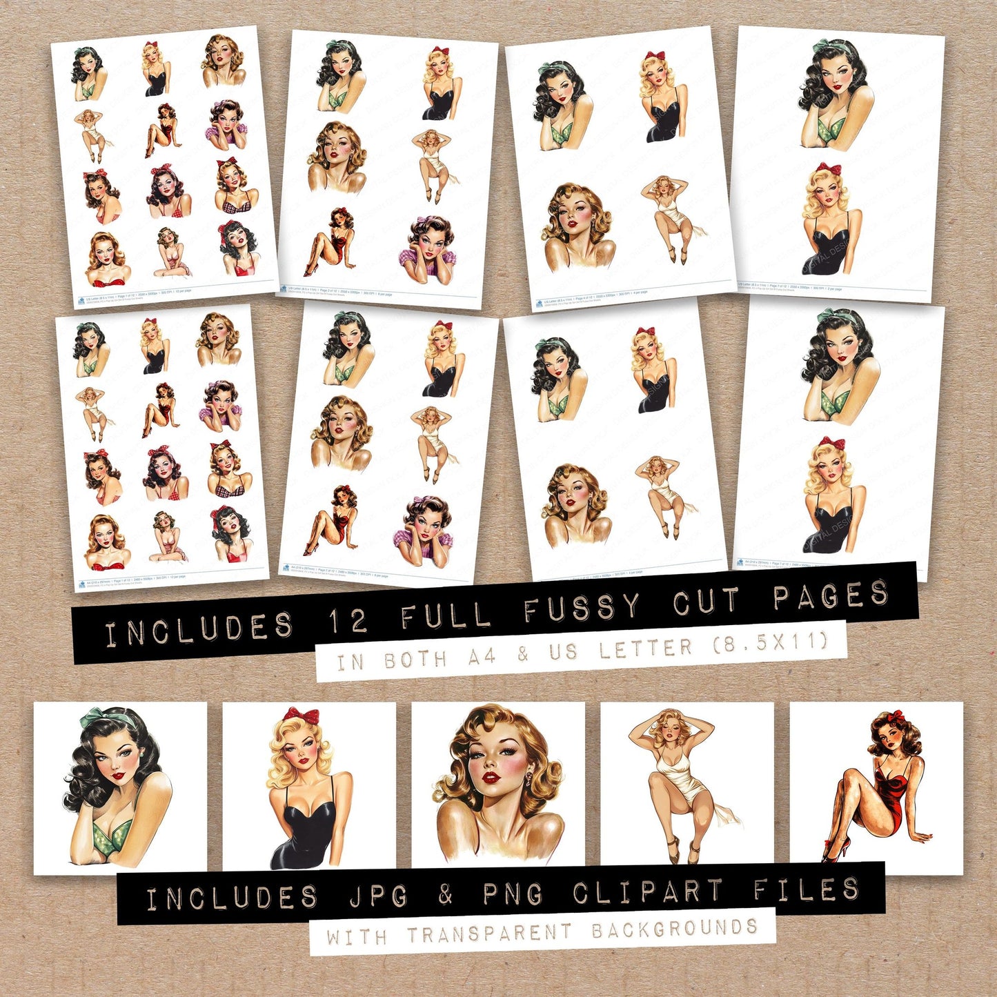 Full collection view of S Pop Up Girl B fussy cut sheets with bonus clipart JPG and PNG files