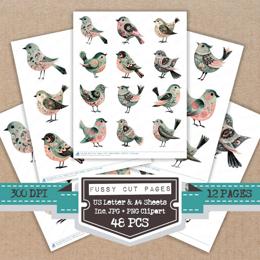 Sage Folk Art Bird fussy cut printable sheets for junk journaling, scrapbooking, and paper craft projects