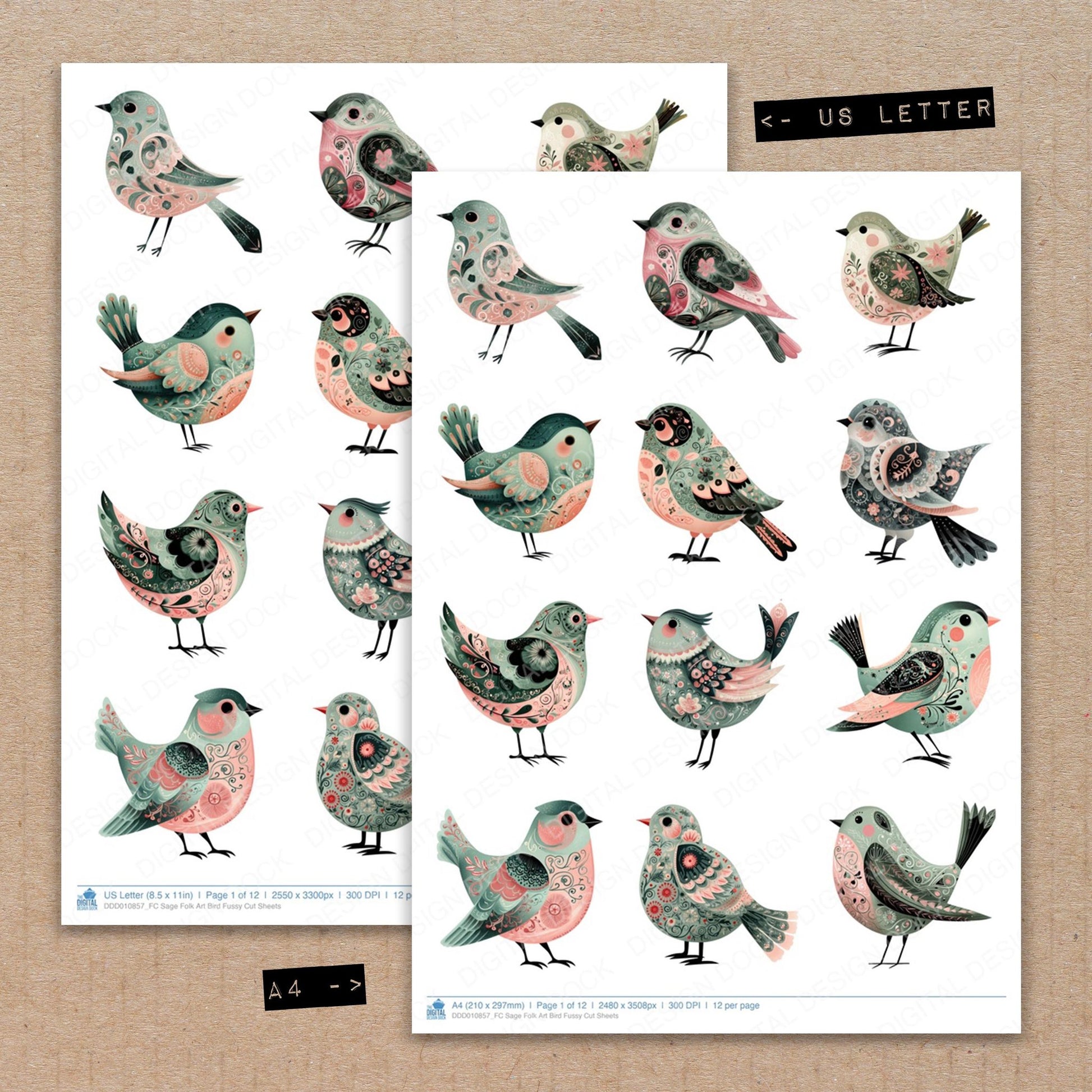 A4 and US Letter format comparison showing Sage Folk Art Bird fussy cut pages for print and cut crafting