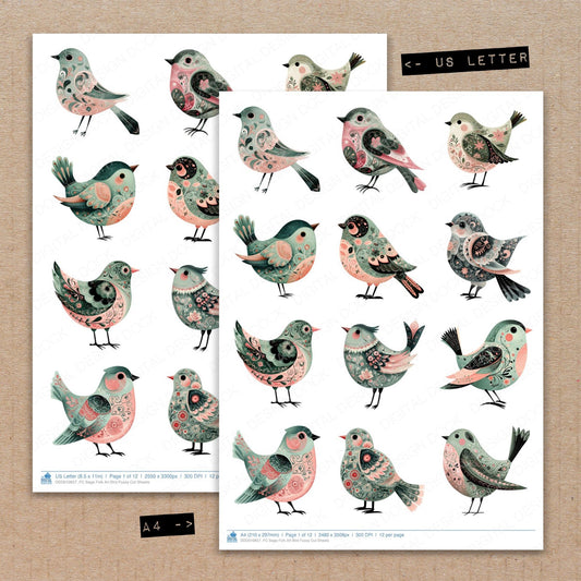 A4 and US Letter format comparison showing Sage Folk Art Bird fussy cut pages for print and cut crafting