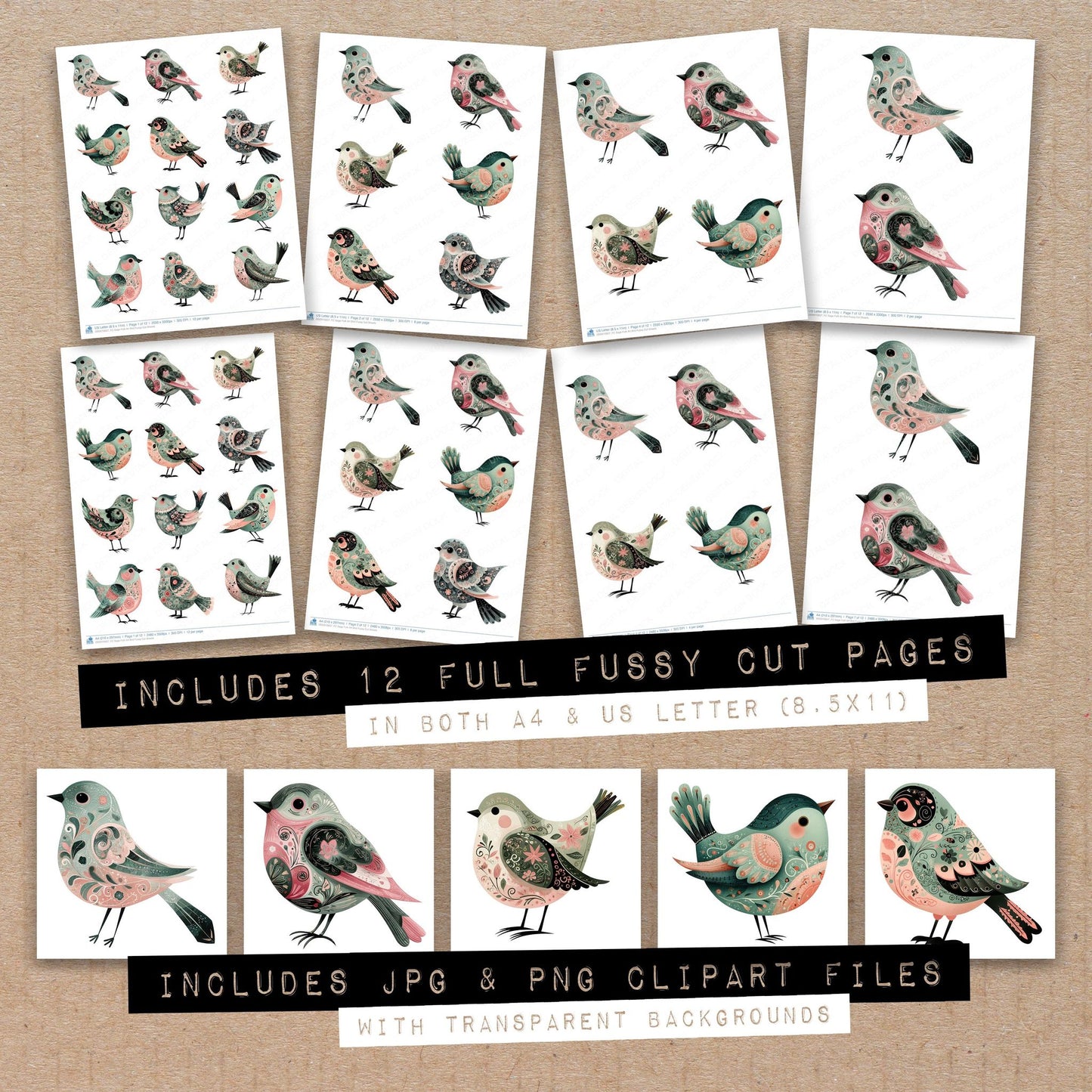 Full collection view of Sage Folk Art Bird fussy cut sheets with bonus clipart JPG and PNG files