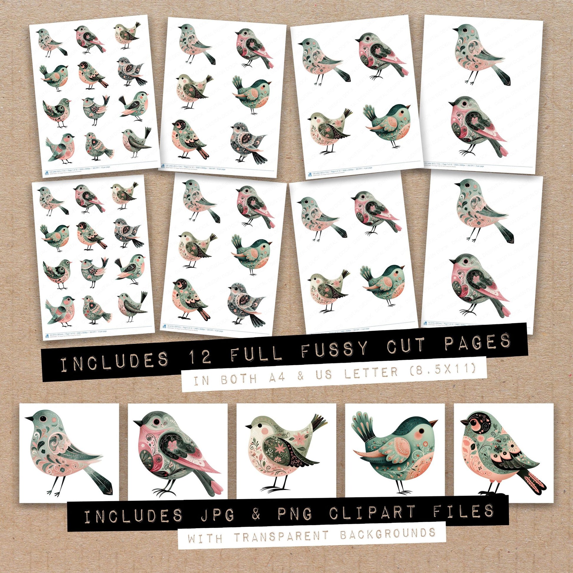 Full collection view of Sage Folk Art Bird fussy cut sheets with bonus clipart JPG and PNG files