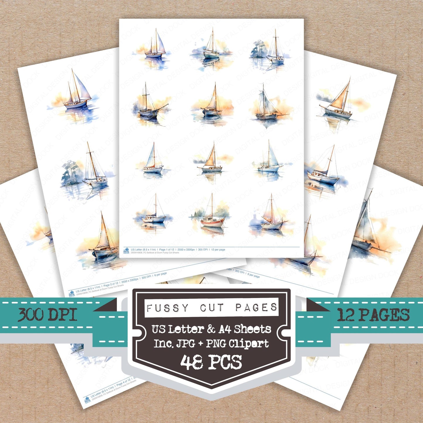 Sailboat at Dawn fussy cut printable sheets for junk journaling, scrapbooking, and paper craft projects