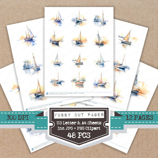 Sailboat at Dawn fussy cut printable sheets for junk journaling, scrapbooking, and paper craft projects