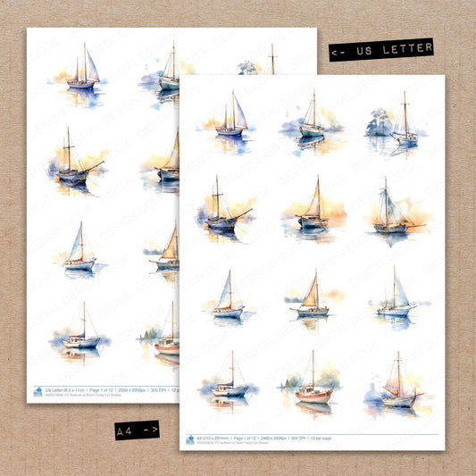 A4 and US Letter format comparison showing Sailboat at Dawn fussy cut pages for print and cut crafting