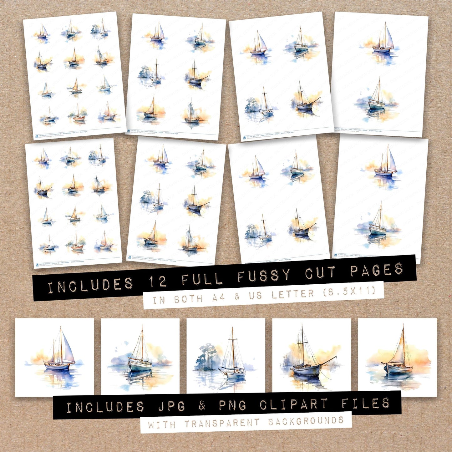 Full collection view of Sailboat at Dawn fussy cut sheets with bonus clipart JPG and PNG files