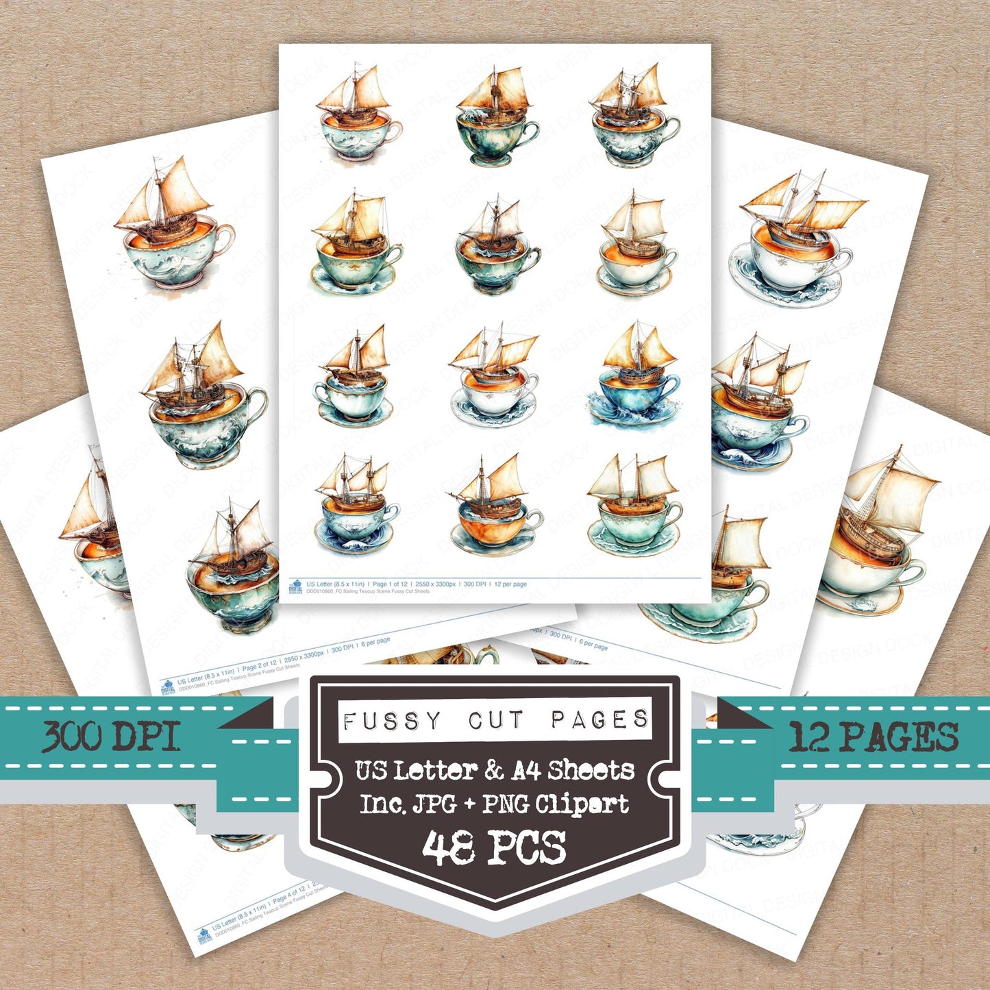 Sailing Teacup Scene fussy cut printable sheets for junk journaling, scrapbooking, and paper craft projects