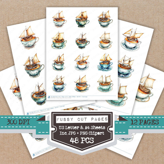 Sailing Teacup Scene fussy cut printable sheets for junk journaling, scrapbooking, and paper craft projects