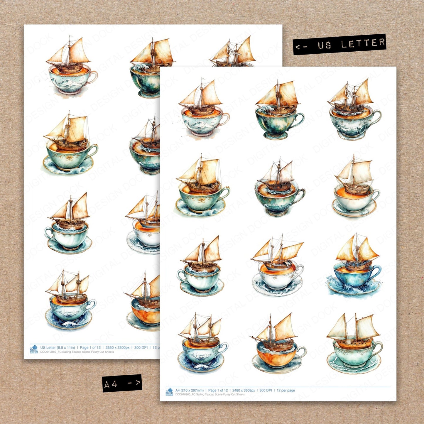 A4 and US Letter format comparison showing Sailing Teacup Scene fussy cut pages for print and cut crafting