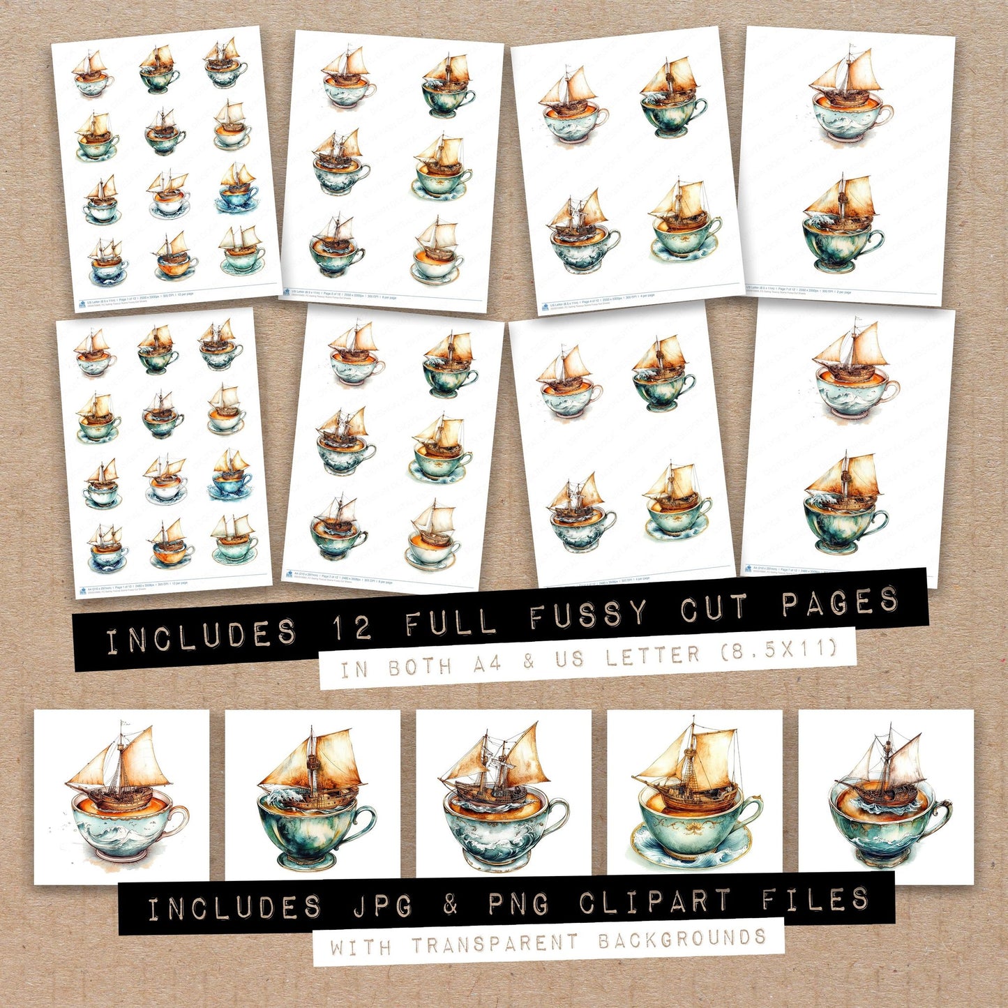 Full collection view of Sailing Teacup Scene fussy cut sheets with bonus clipart JPG and PNG files