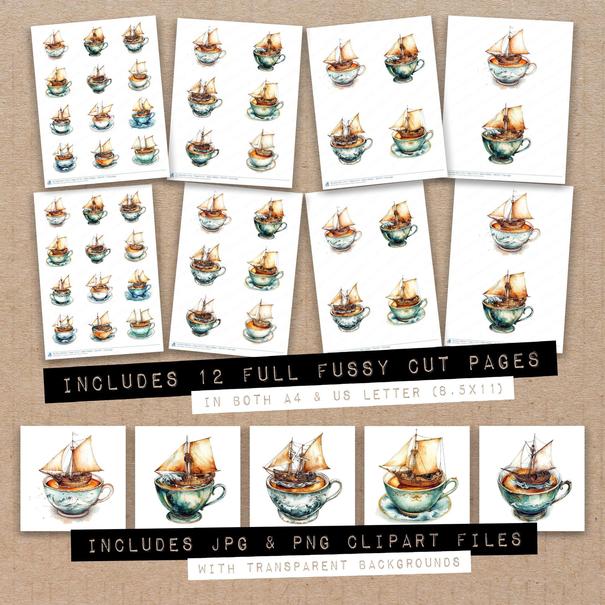 Full collection view of Sailing Teacup Scene fussy cut sheets with bonus clipart JPG and PNG files