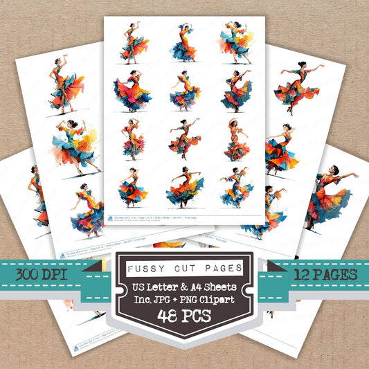 Salsa Dancer Woman fussy cut printable sheets for junk journaling, scrapbooking, and paper craft projects