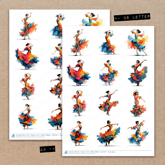 A4 and US Letter format comparison showing Salsa Dancer Woman fussy cut pages for print and cut crafting