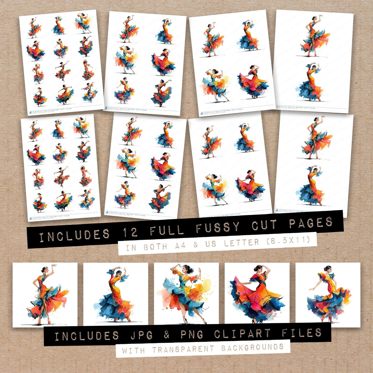 Full collection view of Salsa Dancer Woman fussy cut sheets with bonus clipart JPG and PNG files