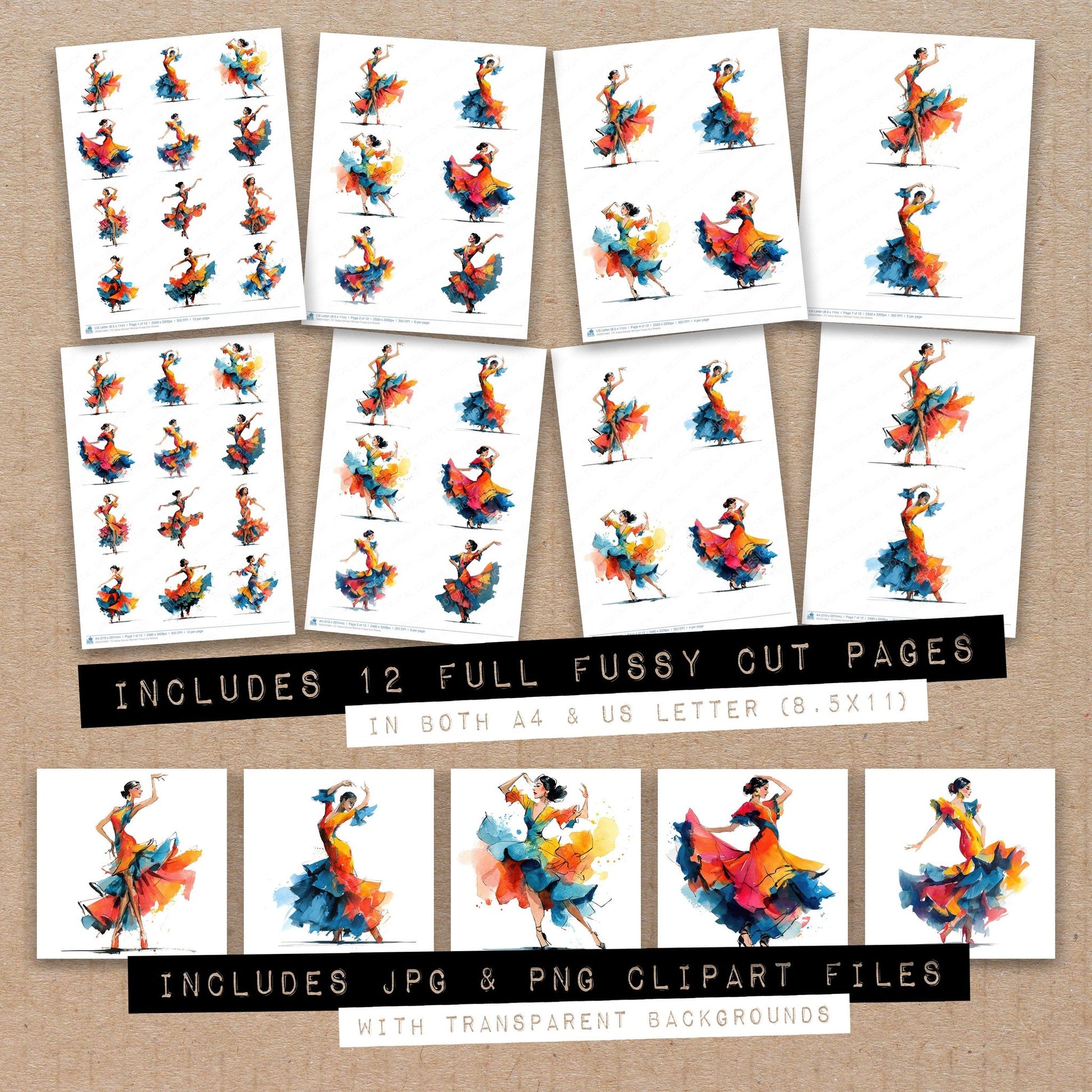 Full collection view of Salsa Dancer Woman fussy cut sheets with bonus clipart JPG and PNG files