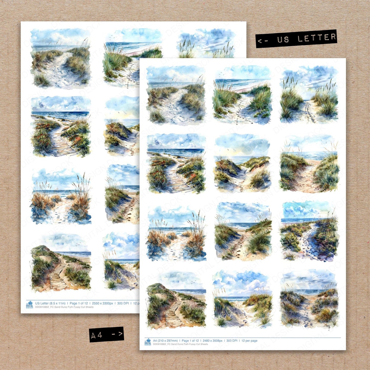 A4 and US Letter format comparison showing Sand Dune Path fussy cut pages for print and cut crafting