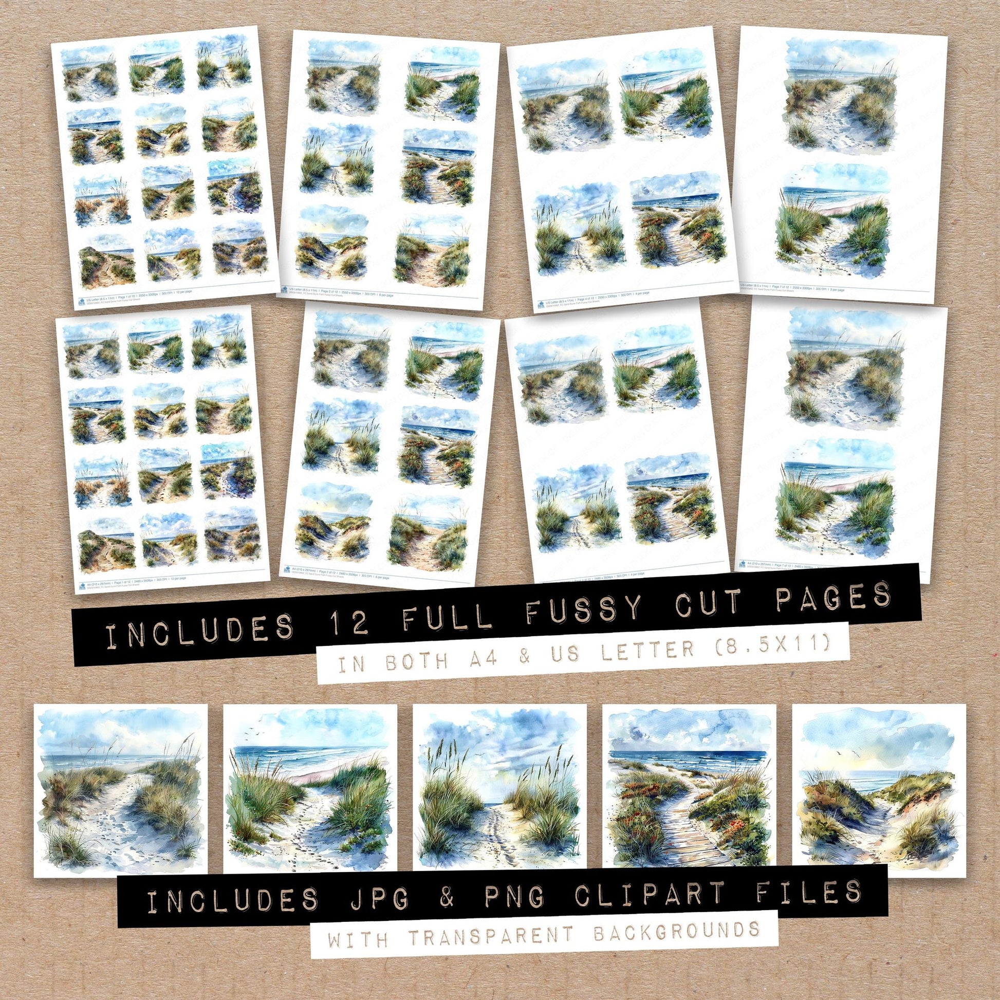 Full collection view of Sand Dune Path fussy cut sheets with bonus clipart JPG and PNG files