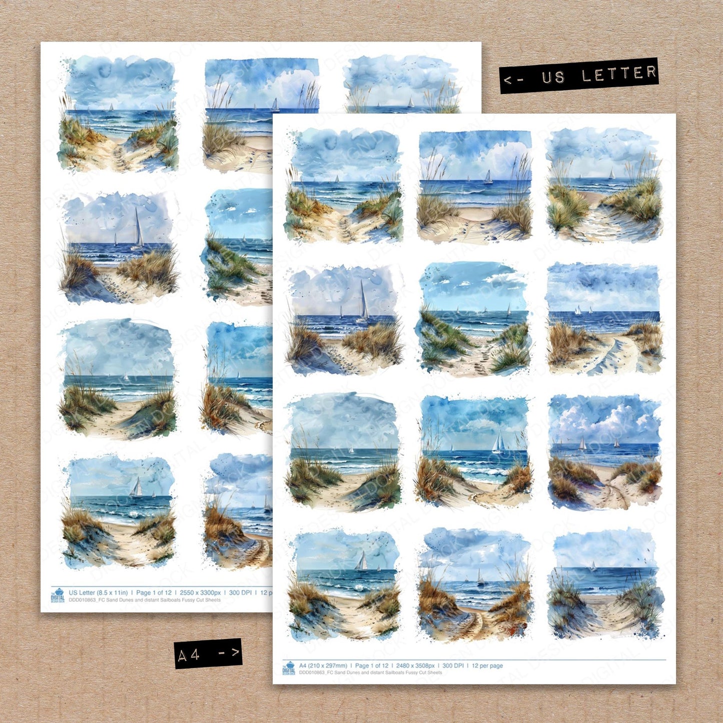 A4 and US Letter format comparison showing Sand Dunes and distant Sailboats fussy cut pages for print and cut crafting