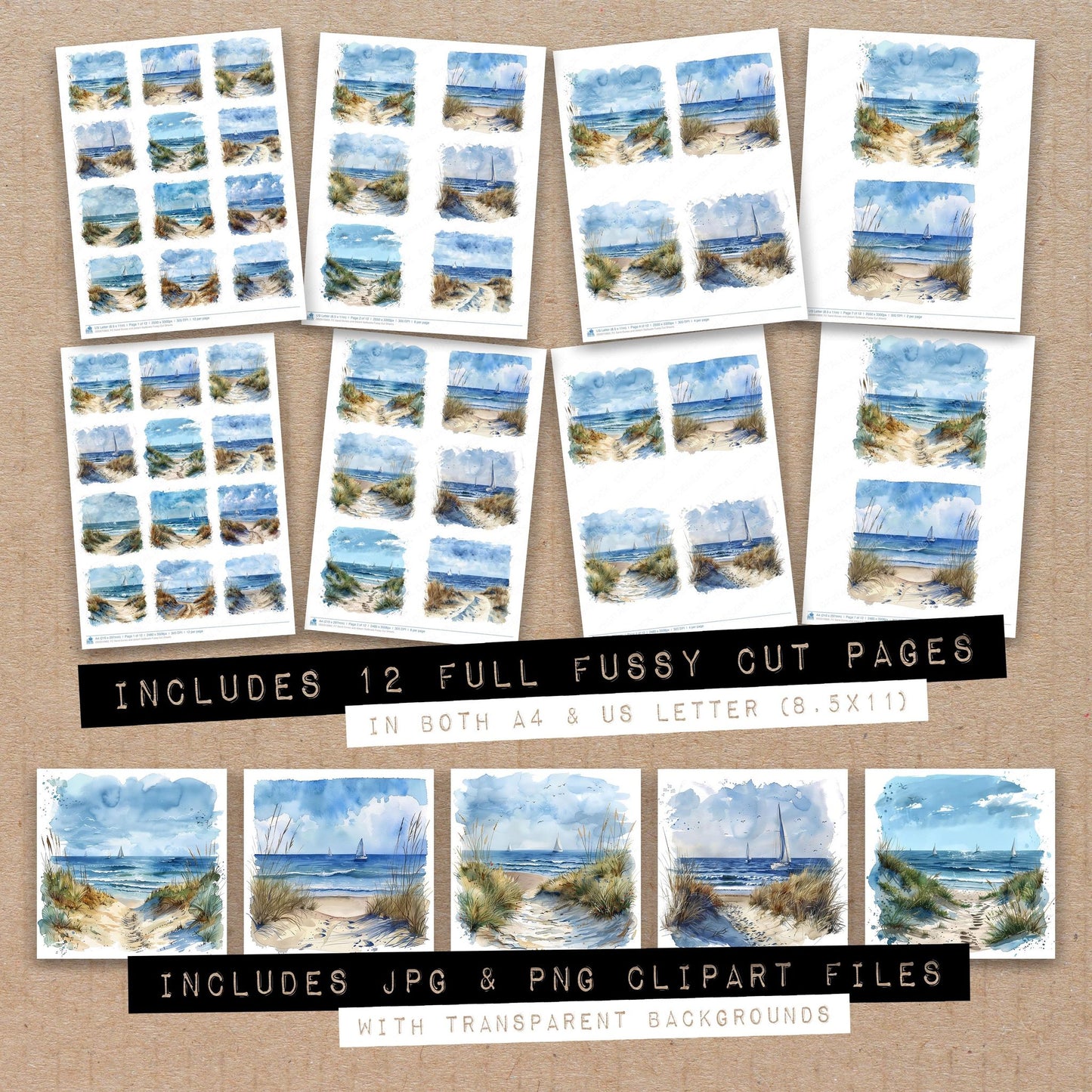 Full collection view of Sand Dunes and distant Sailboats fussy cut sheets with bonus clipart JPG and PNG files