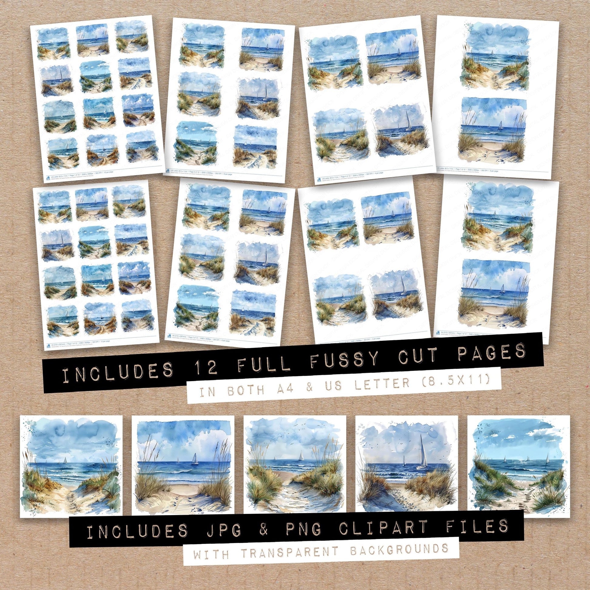 Full collection view of Sand Dunes and distant Sailboats fussy cut sheets with bonus clipart JPG and PNG files