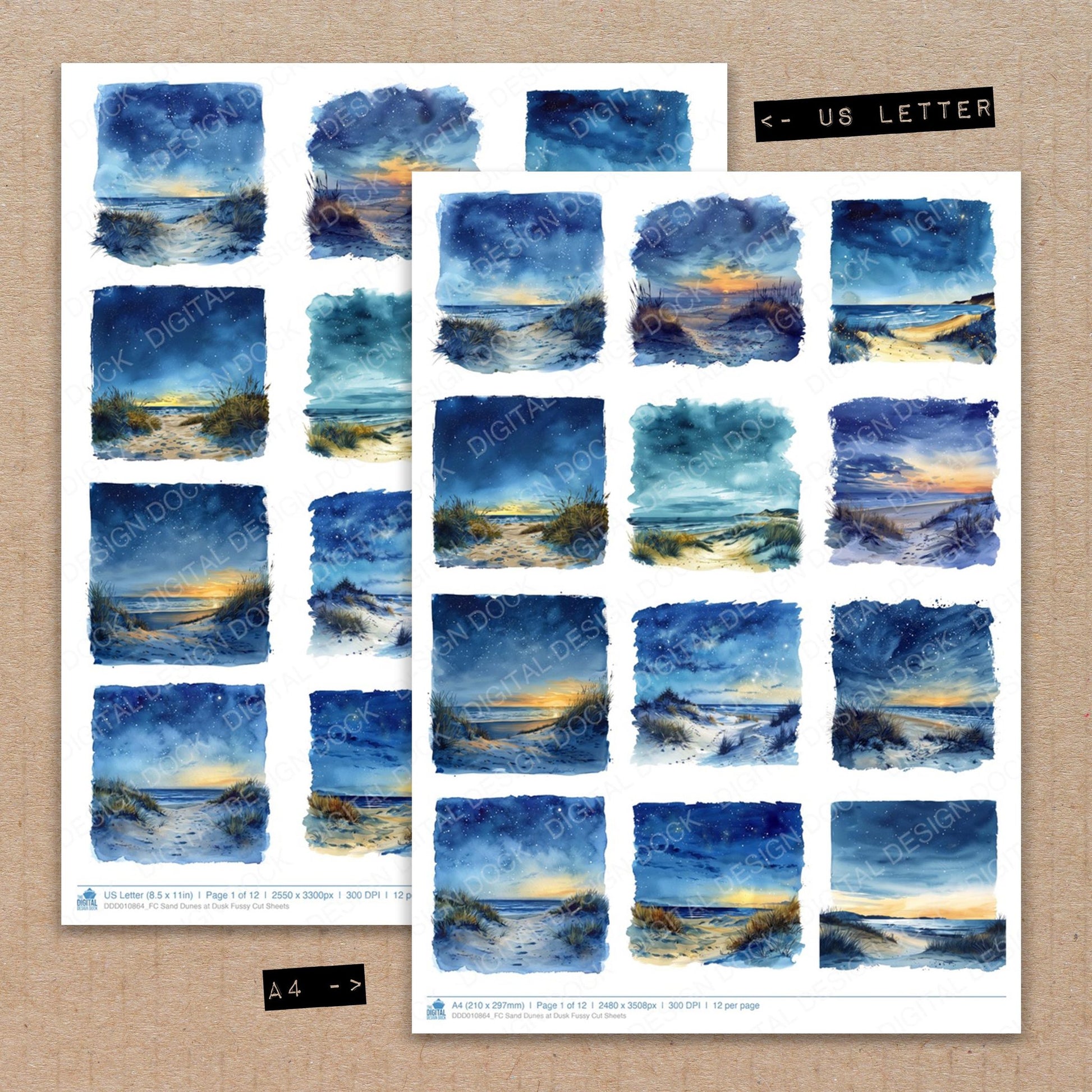 A4 and US Letter format comparison showing Sand Dunes at Dusk fussy cut pages for print and cut crafting