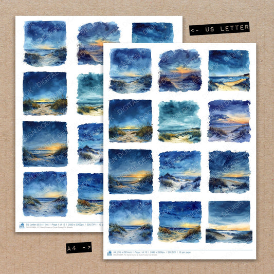 A4 and US Letter format comparison showing Sand Dunes at Dusk fussy cut pages for print and cut crafting