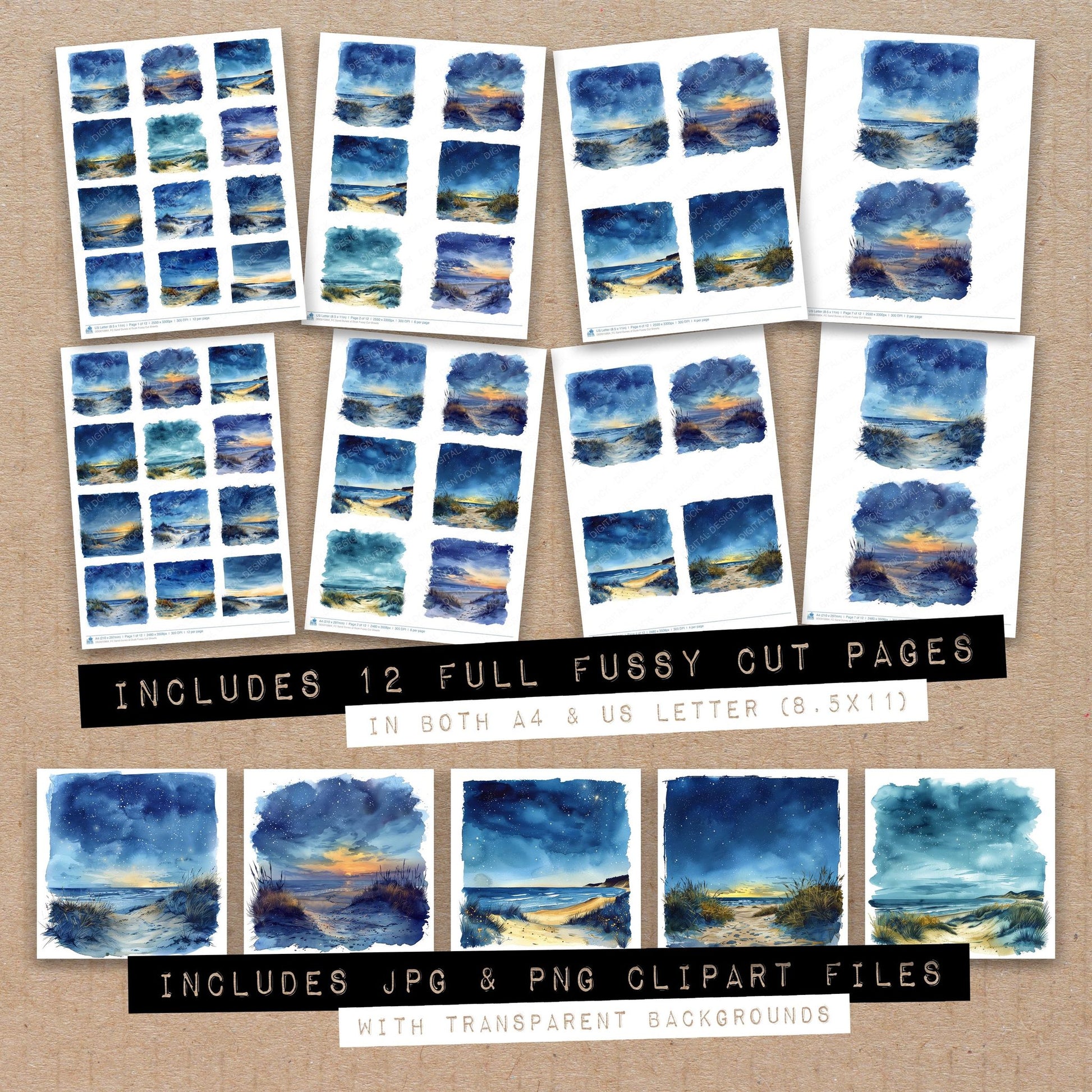 Full collection view of Sand Dunes at Dusk fussy cut sheets with bonus clipart JPG and PNG files