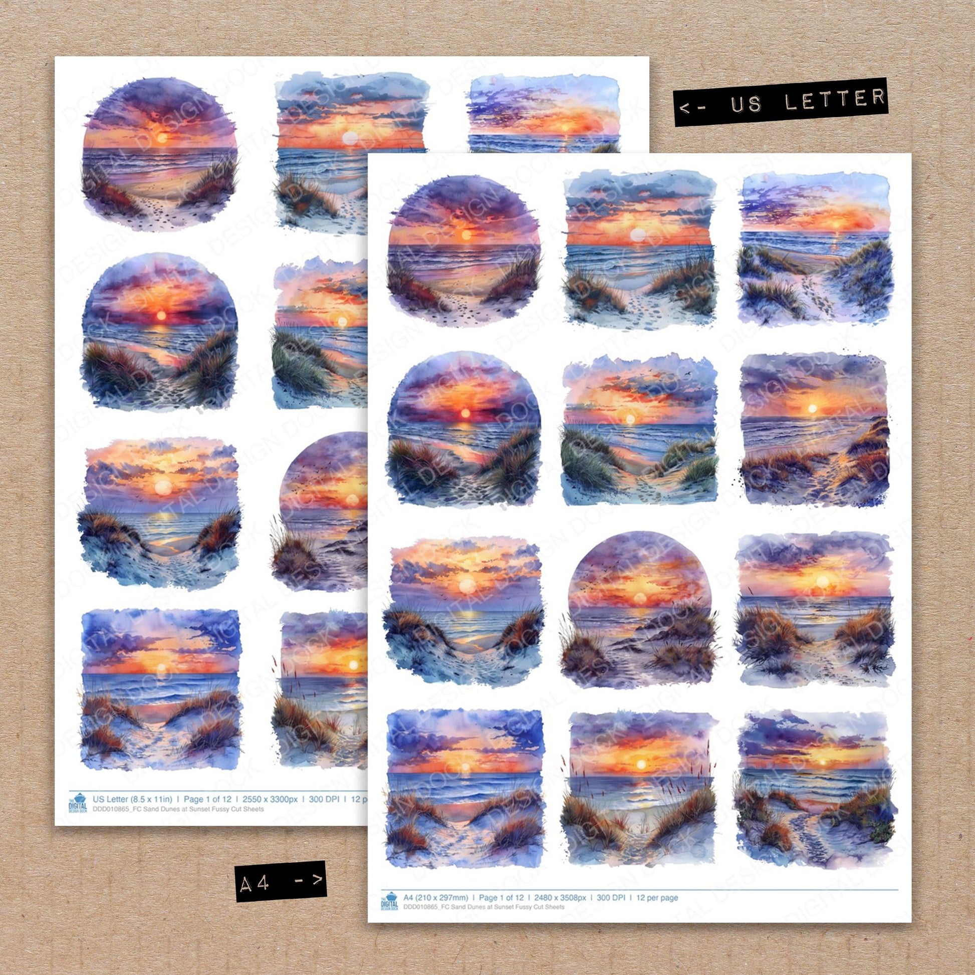 A4 and US Letter format comparison showing Sand Dunes at Sunset fussy cut pages for print and cut crafting