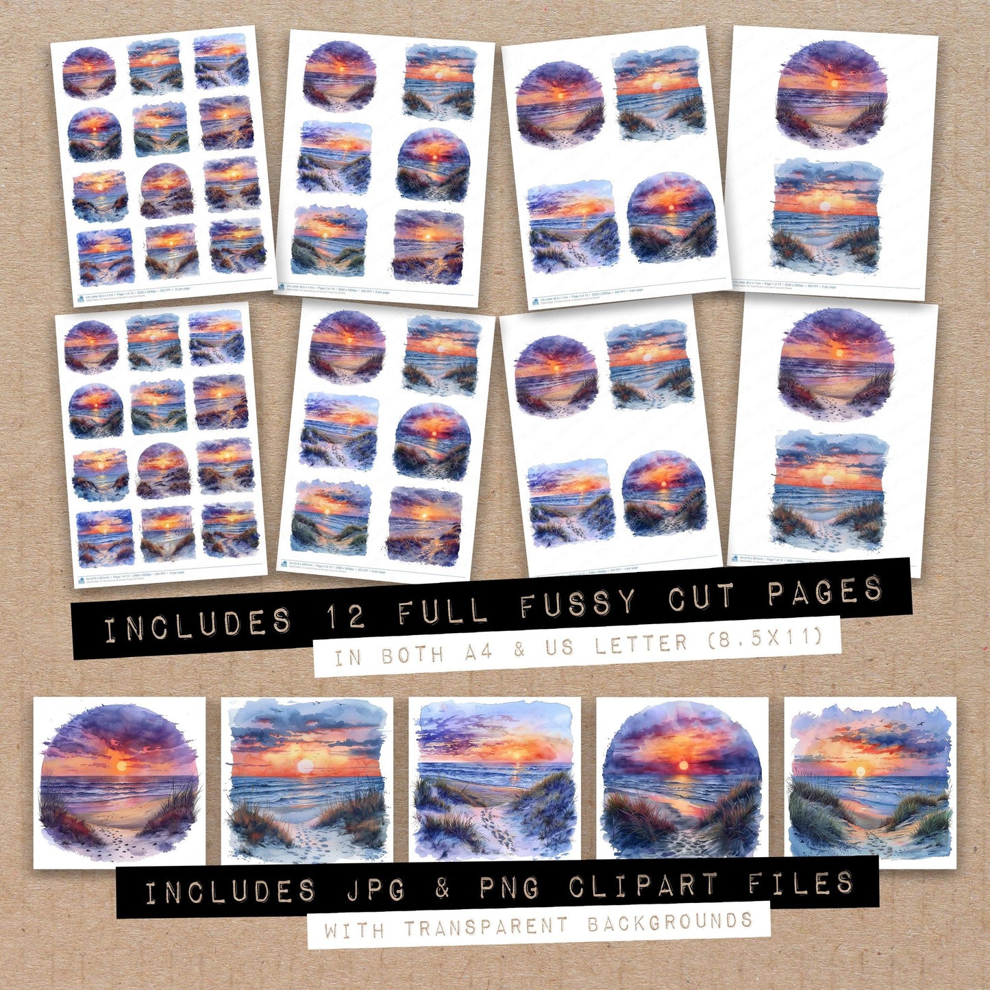 Full collection view of Sand Dunes at Sunset fussy cut sheets with bonus clipart JPG and PNG files