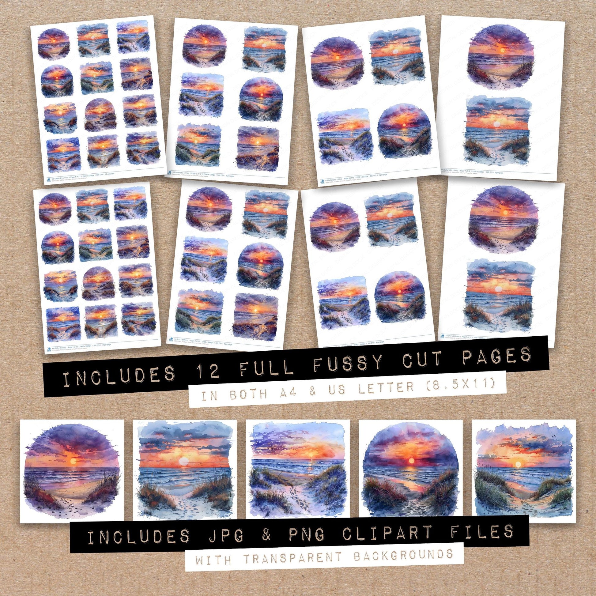 Full collection view of Sand Dunes at Sunset fussy cut sheets with bonus clipart JPG and PNG files
