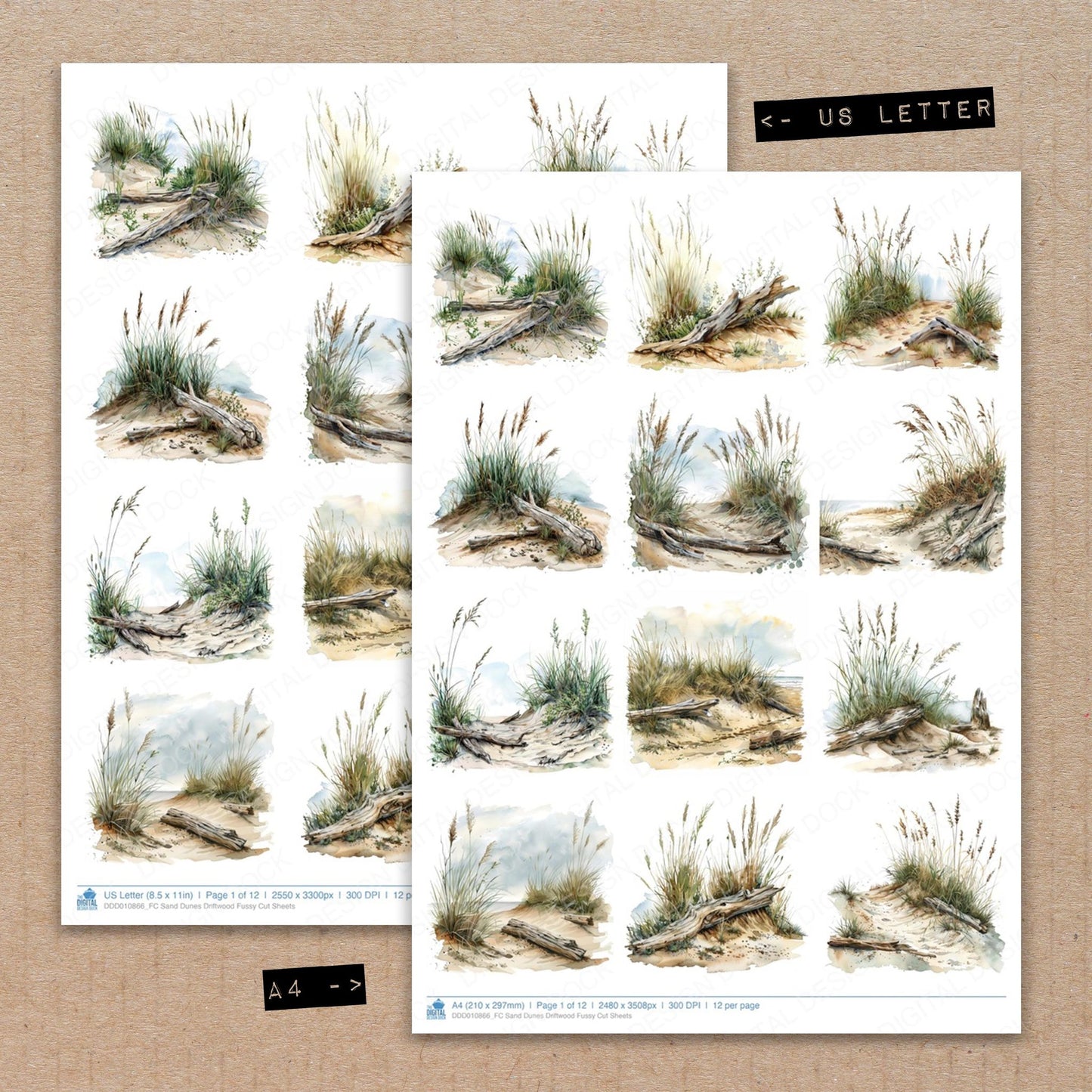 A4 and US Letter format comparison showing Sand Dunes Driftwood fussy cut pages for print and cut crafting