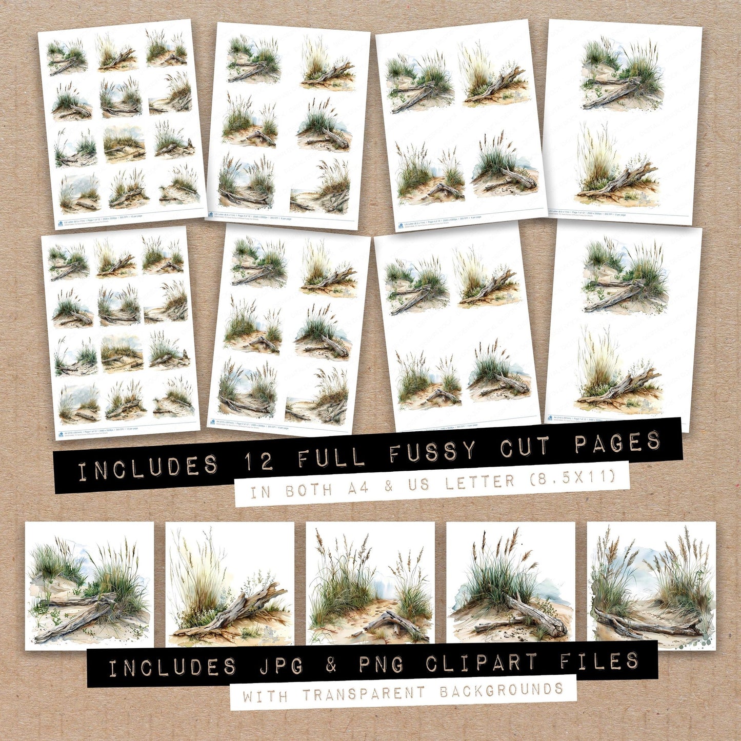 Full collection view of Sand Dunes Driftwood fussy cut sheets with bonus clipart JPG and PNG files