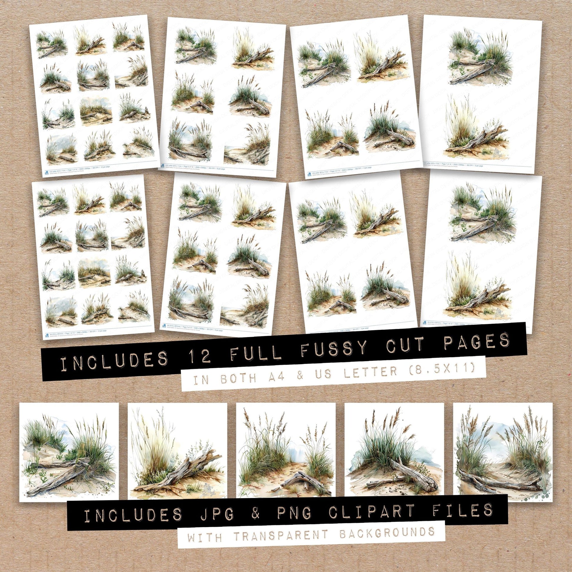 Full collection view of Sand Dunes Driftwood fussy cut sheets with bonus clipart JPG and PNG files