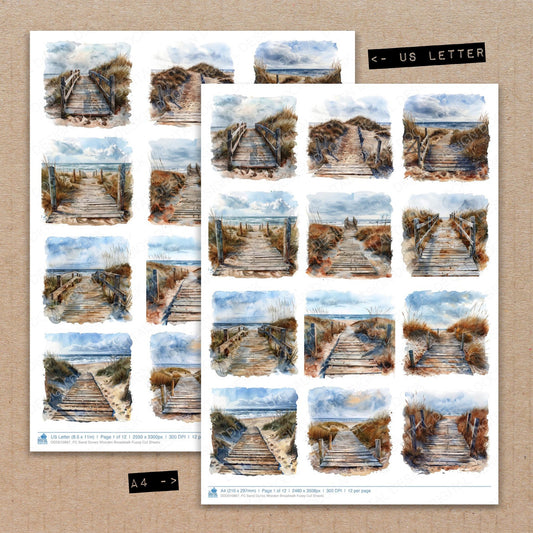 A4 and US Letter format comparison showing Sand Dunes Wooden Broadwalk fussy cut pages for print and cut crafting