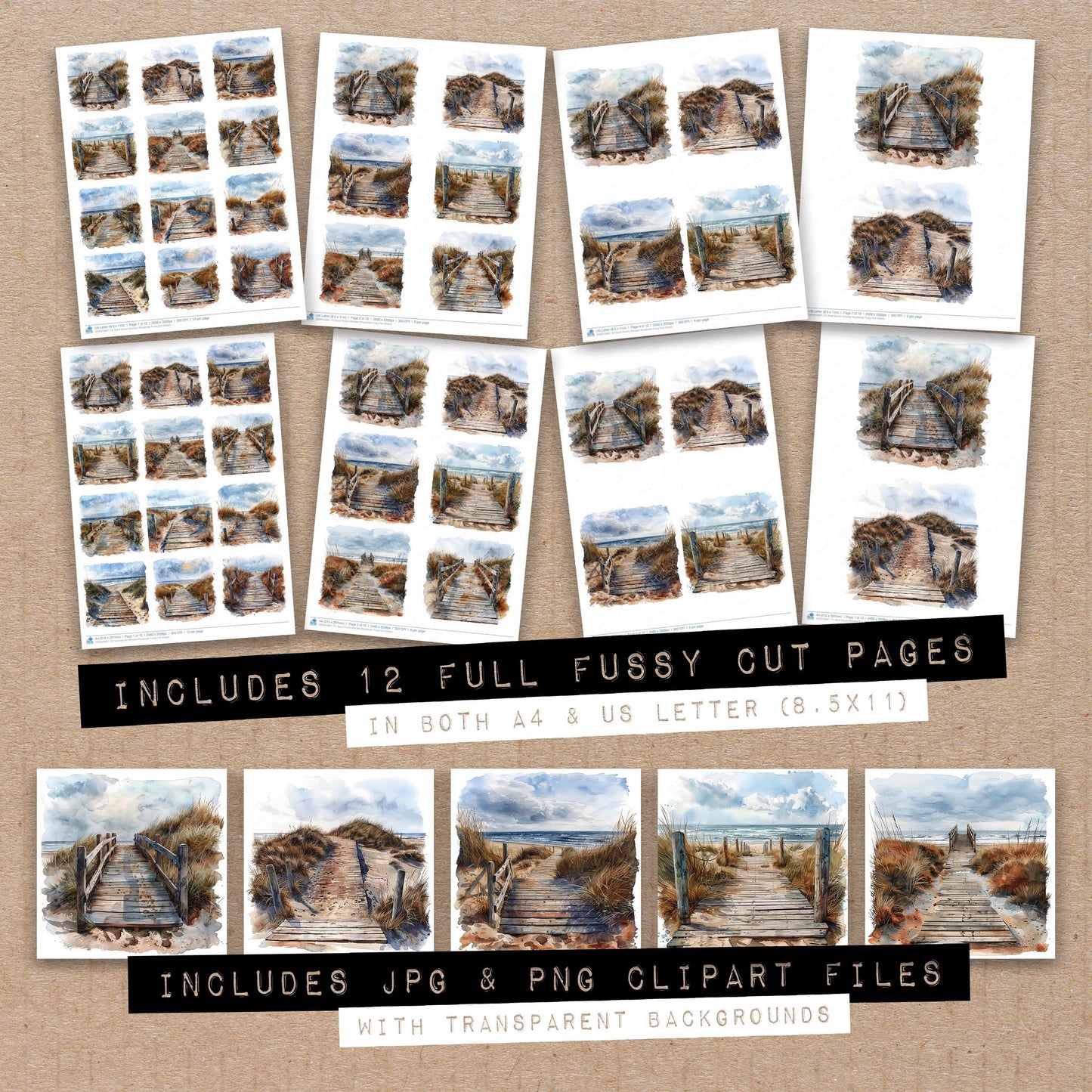 Full collection view of Sand Dunes Wooden Broadwalk fussy cut sheets with bonus clipart JPG and PNG files