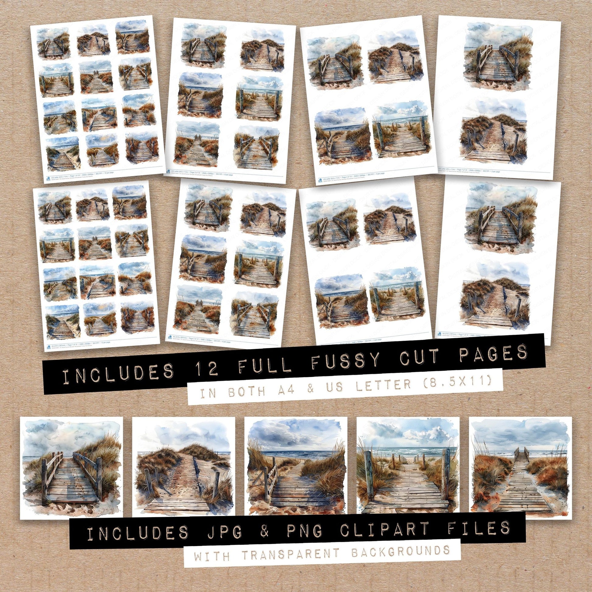 Full collection view of Sand Dunes Wooden Broadwalk fussy cut sheets with bonus clipart JPG and PNG files