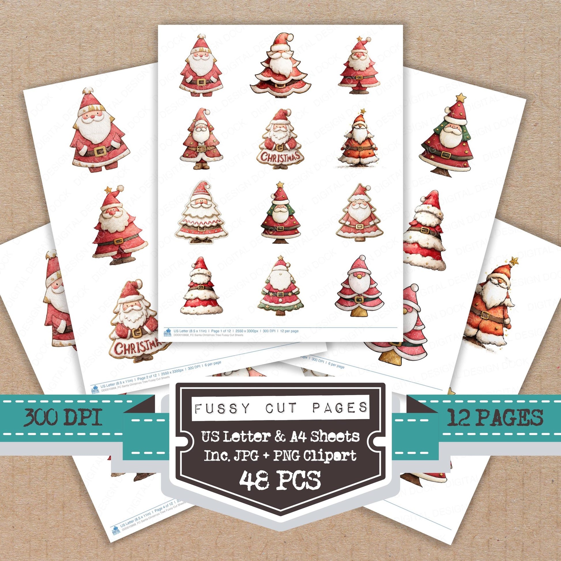 Santa Christmas Tree fussy cut printable sheets for junk journaling, scrapbooking, and paper craft projects