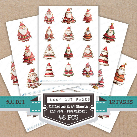 Santa Christmas Tree fussy cut printable sheets for junk journaling, scrapbooking, and paper craft projects