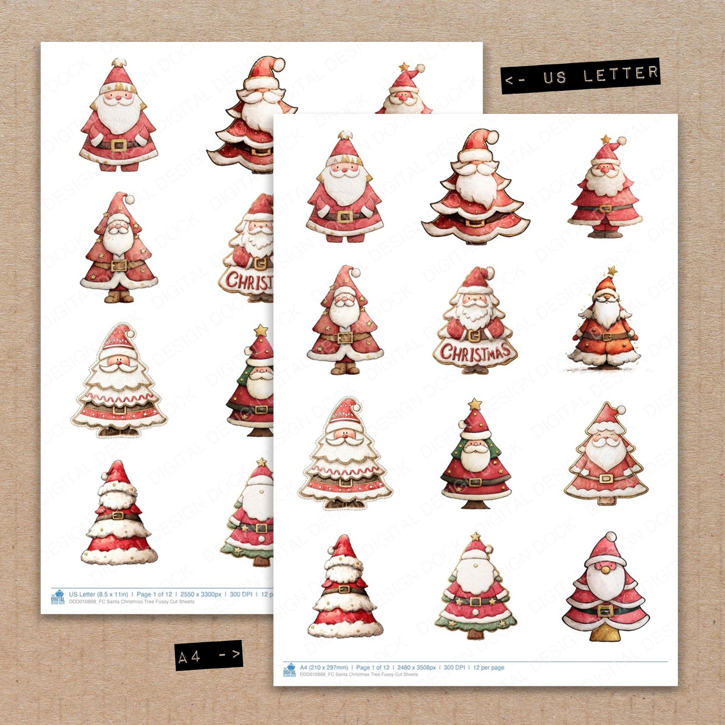 A4 and US Letter format comparison showing Santa Christmas Tree fussy cut pages for print and cut crafting