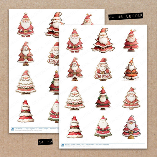 A4 and US Letter format comparison showing Santa Christmas Tree fussy cut pages for print and cut crafting
