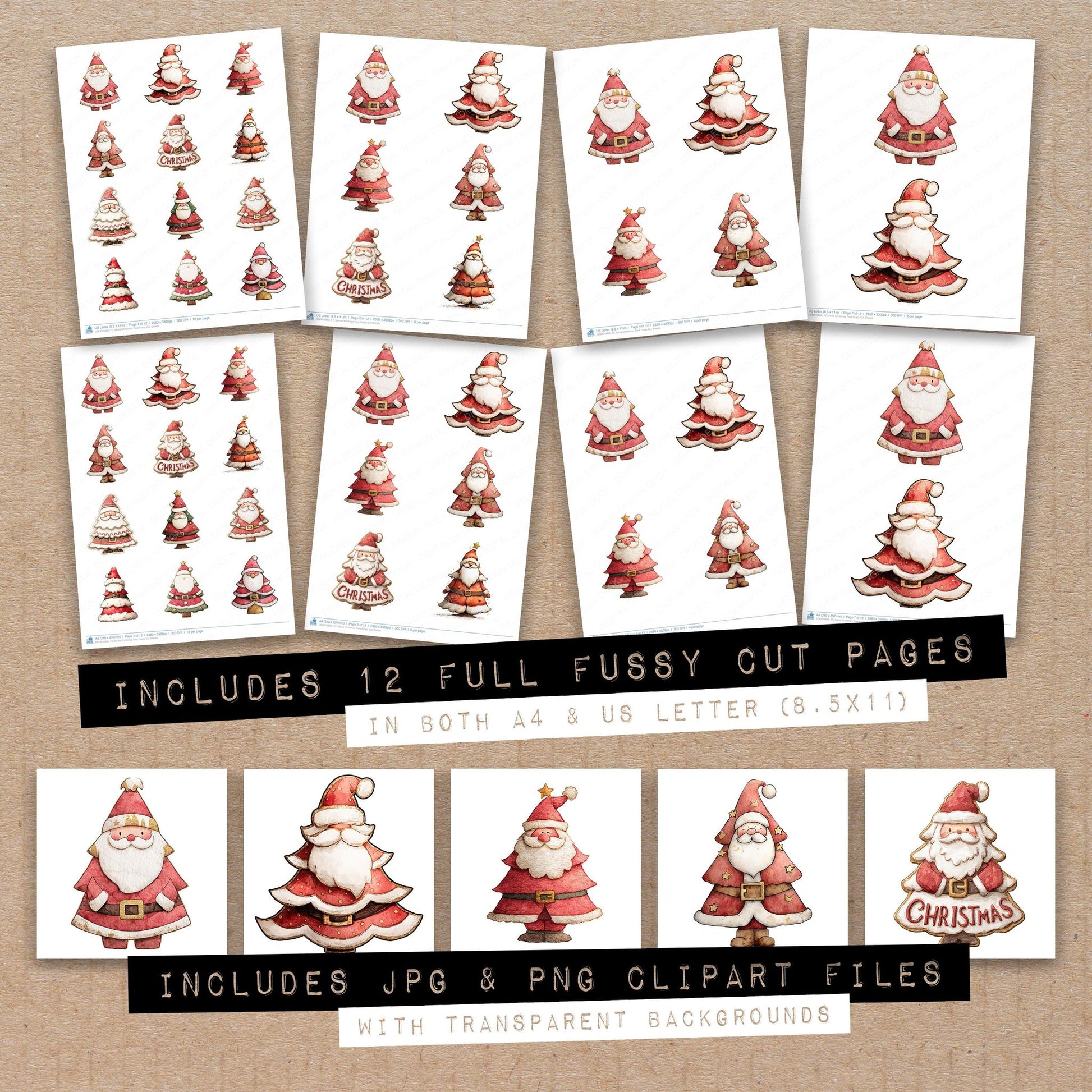 Full collection view of Santa Christmas Tree fussy cut sheets with bonus clipart JPG and PNG files